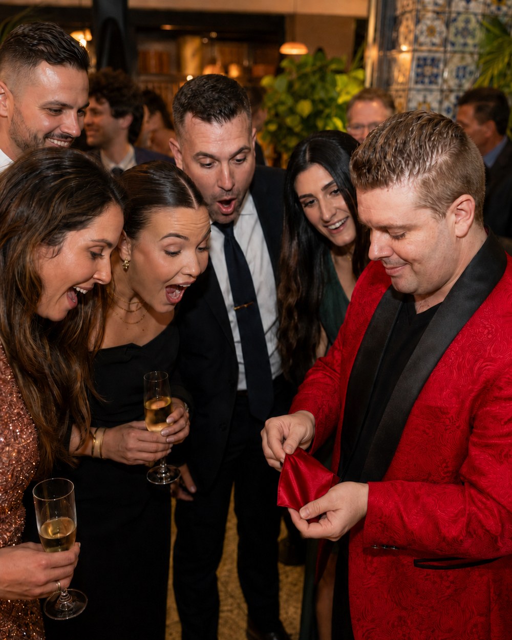 Guests reacting with delight to John Messina's close-up magic at a Sydney event