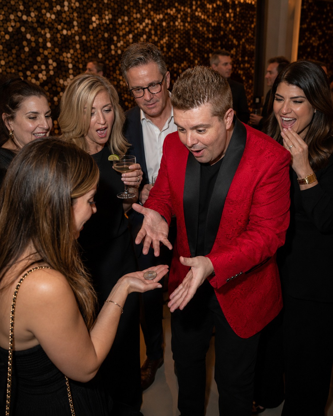 John Messina performing close-up coin magic at a Sydney corporate event with gold backdrop